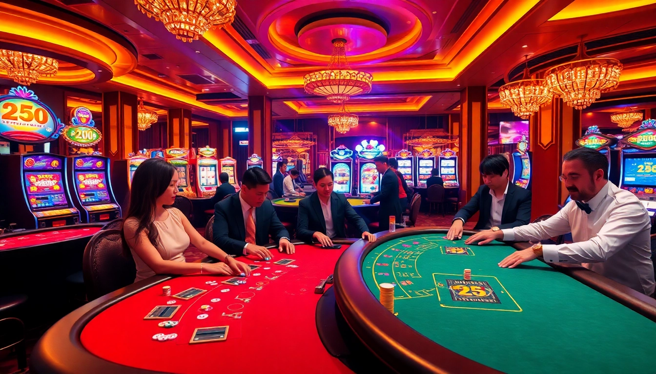 Experience win55 online gaming with a vibrant casino scene showcasing players at thrilling poker tables and colorful slot machines.