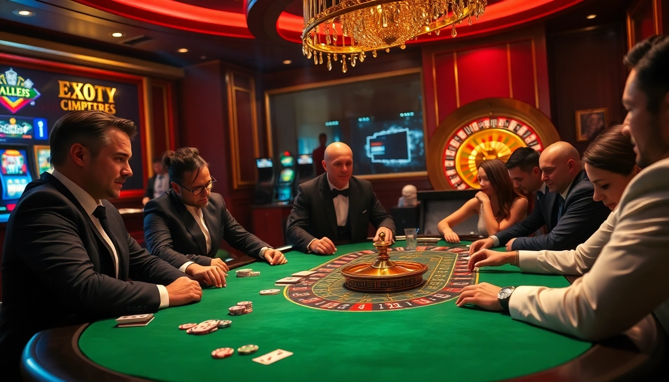 An exhilarating poker scene at KJC, showcasing intense gameplay with chips, cards, and a roulette wheel.