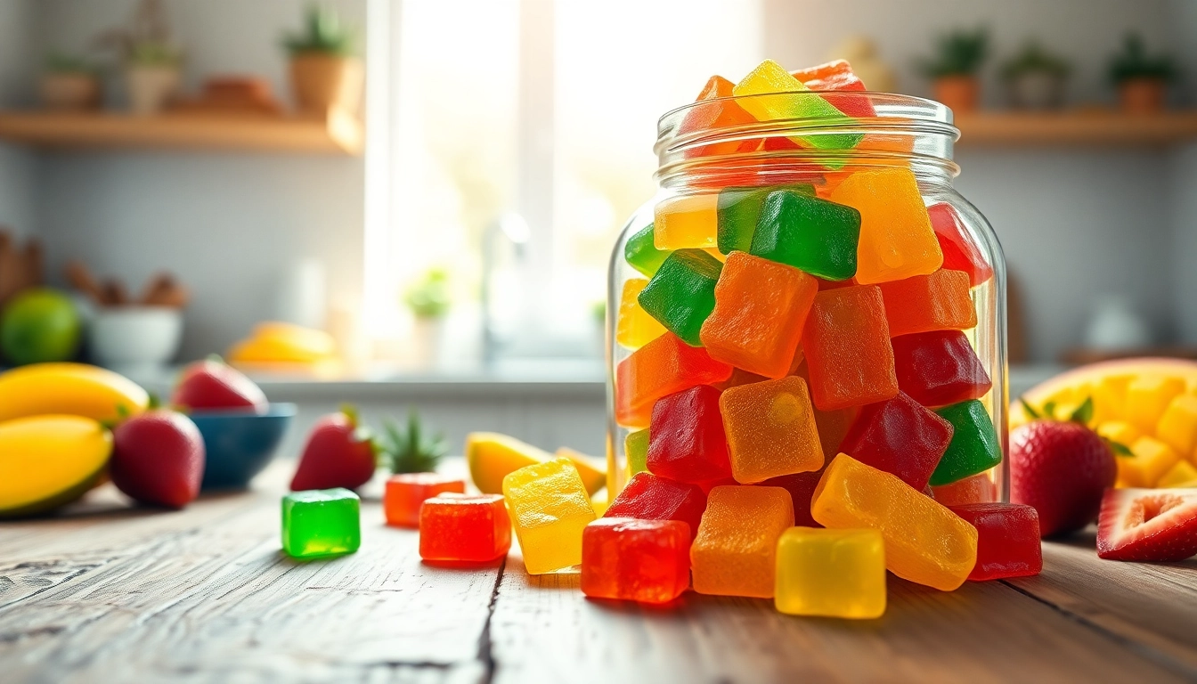 Colorful Weed Gummies displayed in a jar on a wooden table, surrounded by fresh fruit.