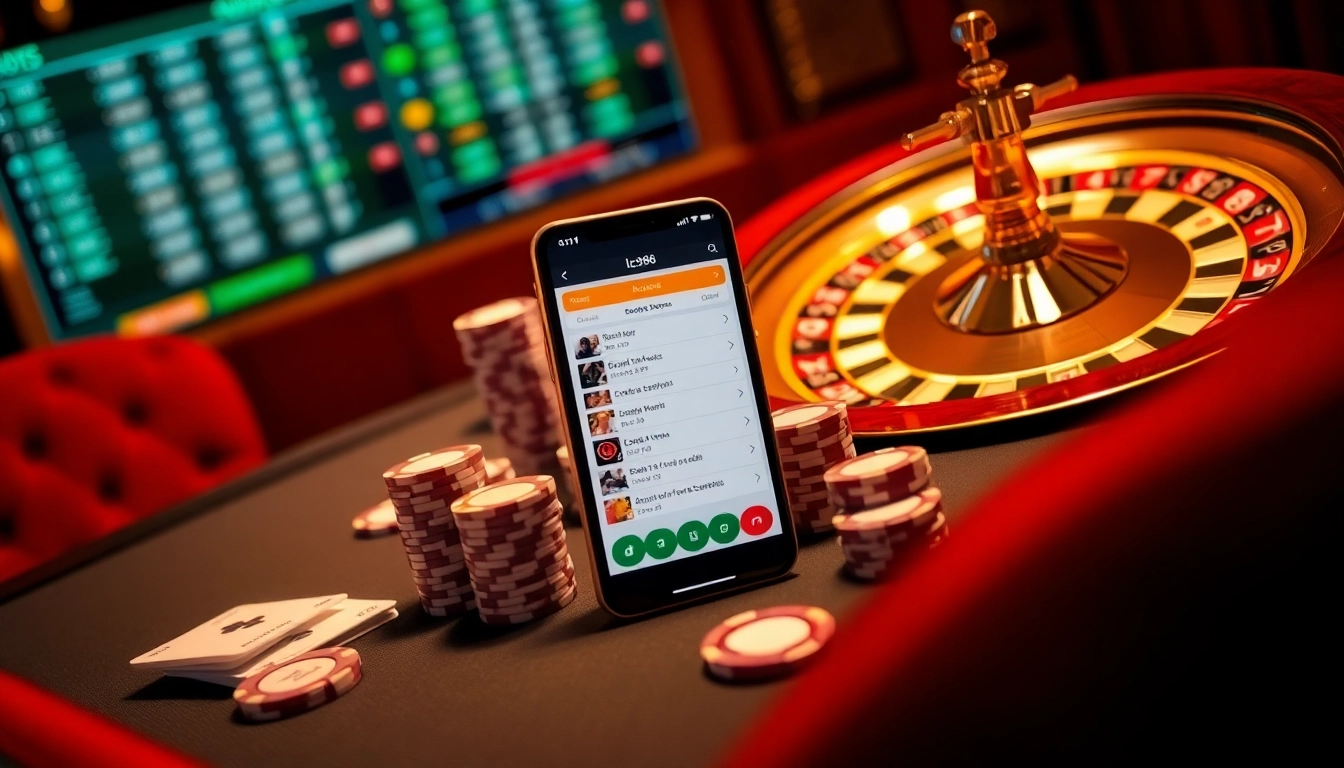 Experience gaming thrill with app lc88 displayed on a smartphone amid vibrant casino elements including poker chips and cards.