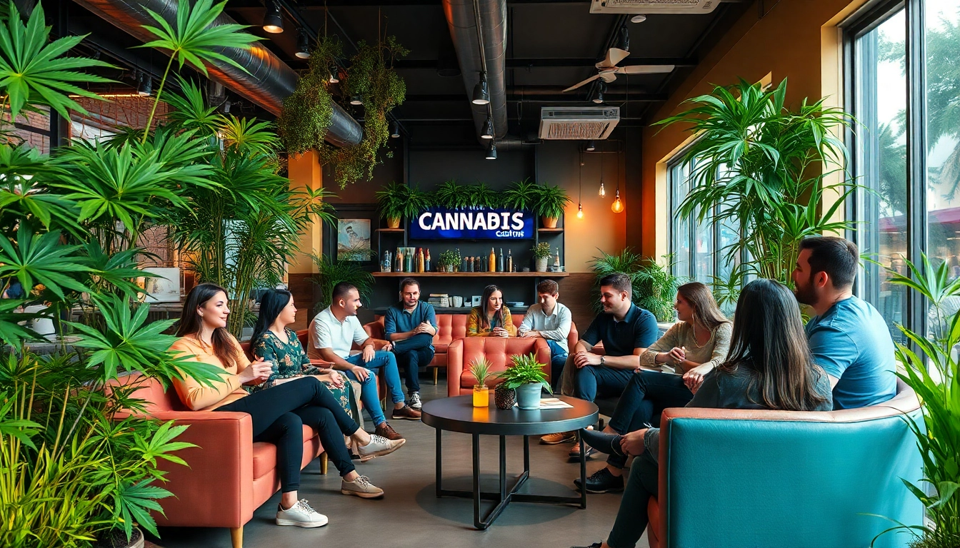Cannabis club atmosphere showcasing members enjoying social interactions in a stylish setting.