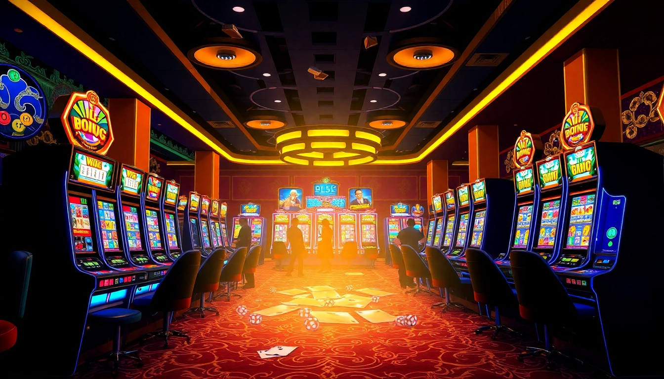 Players engaging with nổ hủ slot machines in a vibrant casino setting.