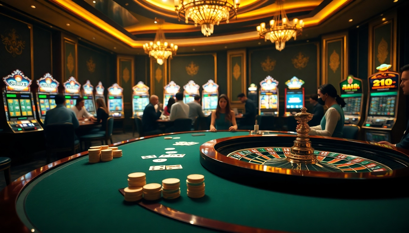 Experience the thrill of vn168 đăng nhập at an elegant casino table featuring poker chips and a roulette wheel.