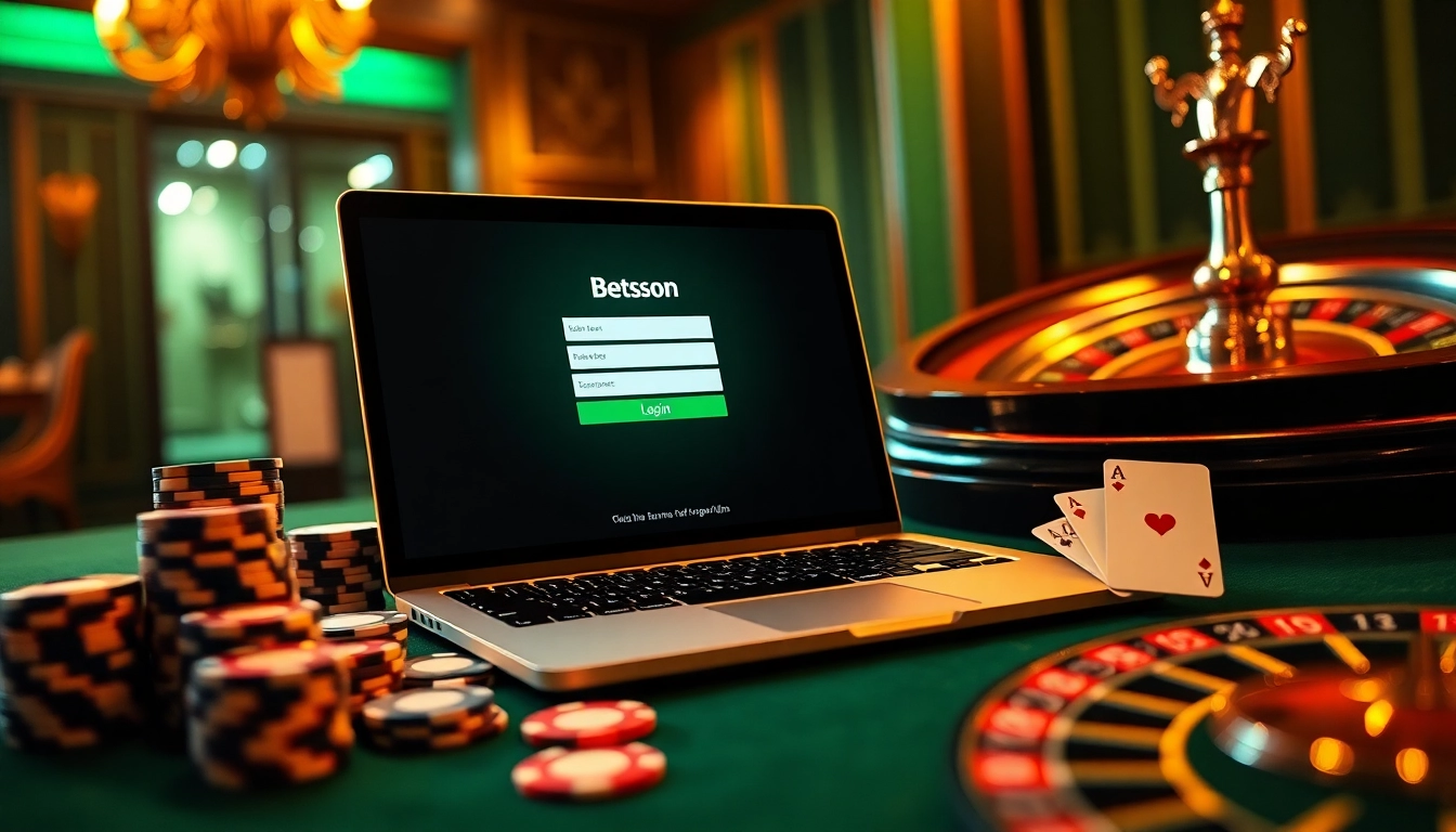 Access your Betsson Login interface on a luxurious casino setup with vibrant poker chips and cards.