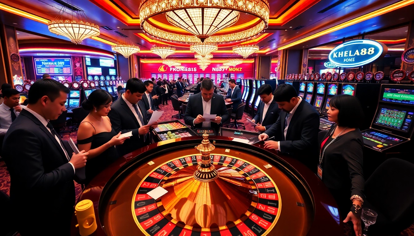 Khela88 sports betting table with engaging players and vibrant casino atmosphere highlighting excitement and professionalism.