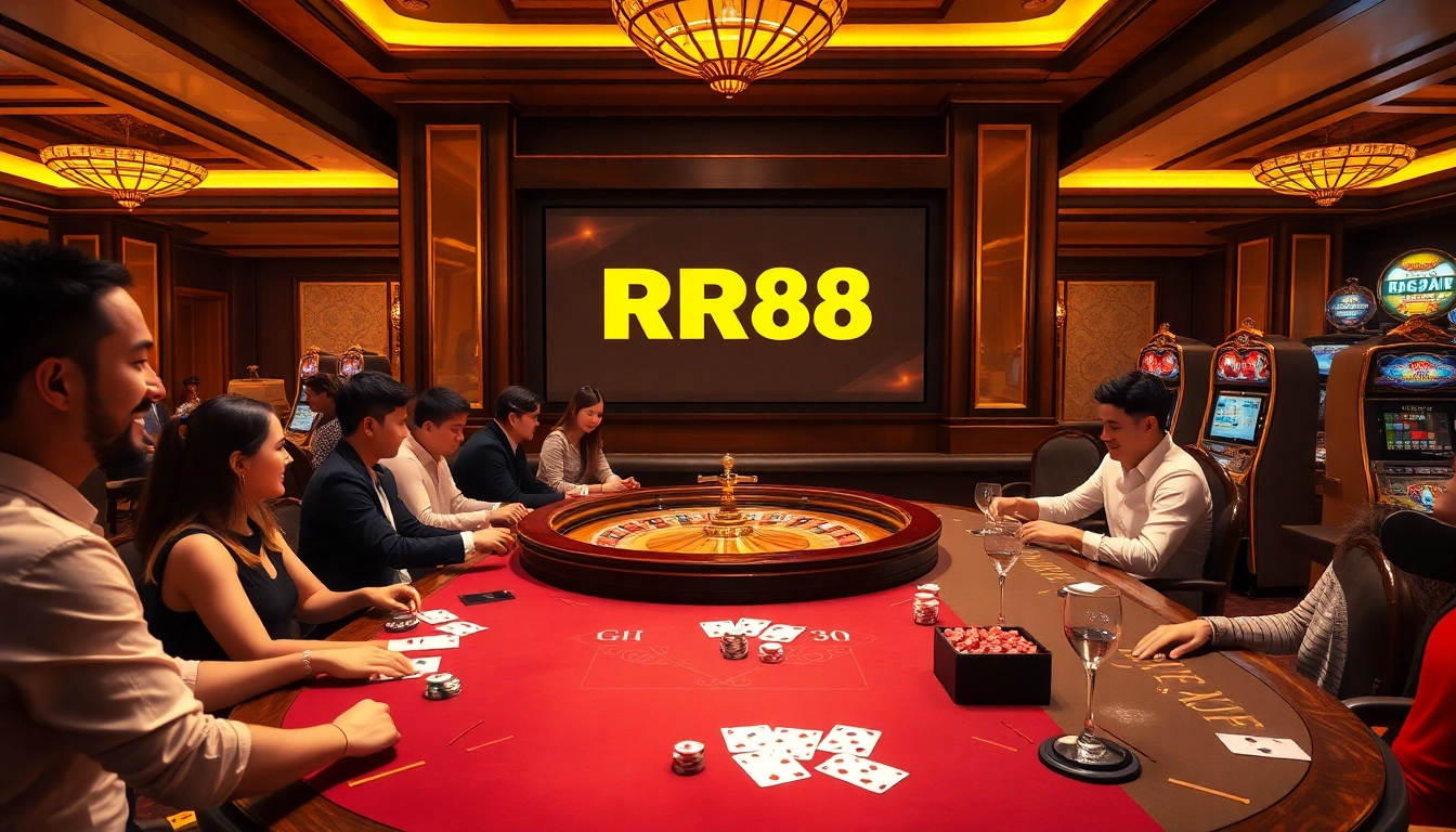 Experience the thrill of RR88 as players engage in high-stakes roulette and card games in a luxurious casino setting.