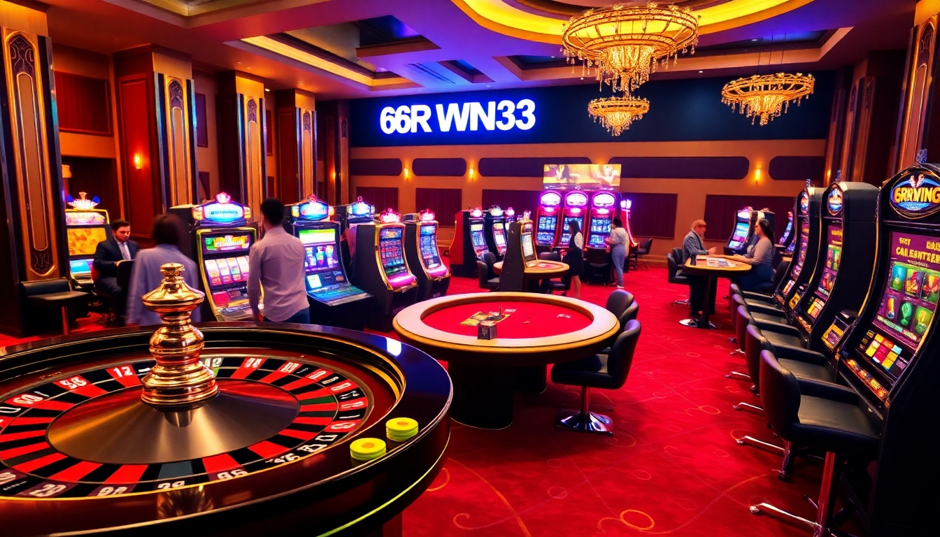Experience thrilling gameplay at 6RWIN33 COM's luxurious casino environment with a vibrant roulette and poker scene.