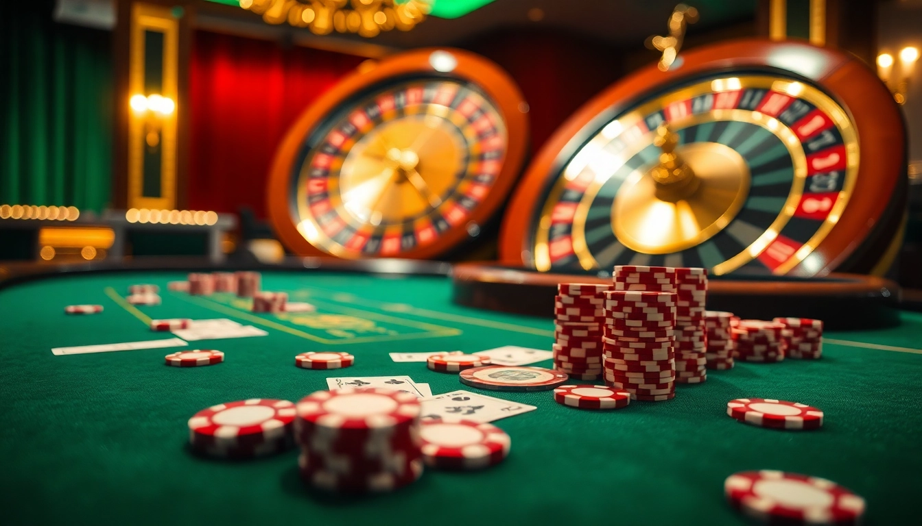 Experience thrilling gameplay at rr88 com with a luxurious gaming atmosphere featuring poker tables and roulette.