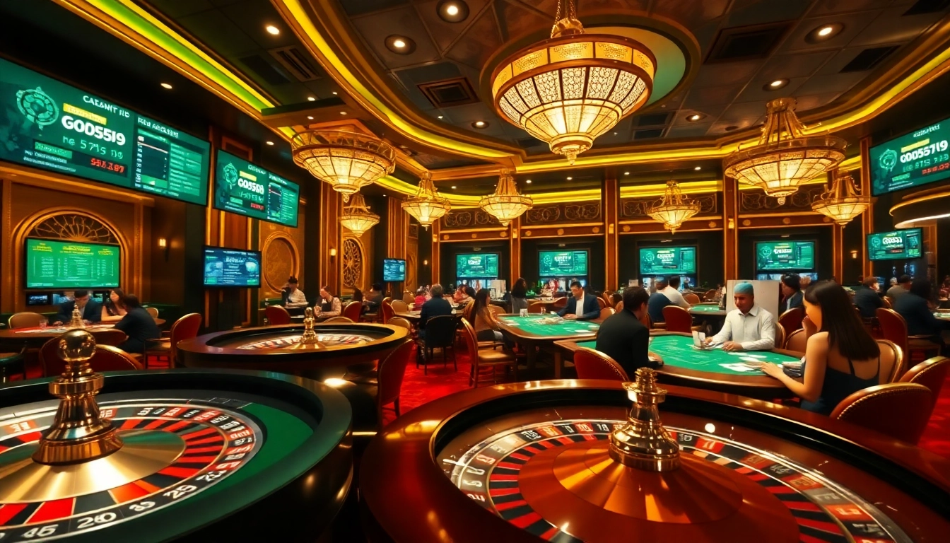 Exciting gameplay at nhà cái god55 with poker chips and roulette wheels in a luxurious casino setting.