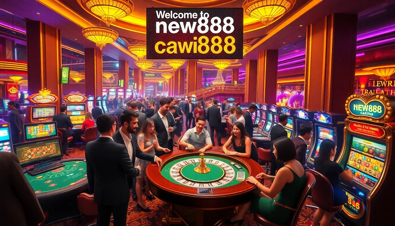 Exciting gaming scene at new888 Casino with roulette, poker, and slot machines.