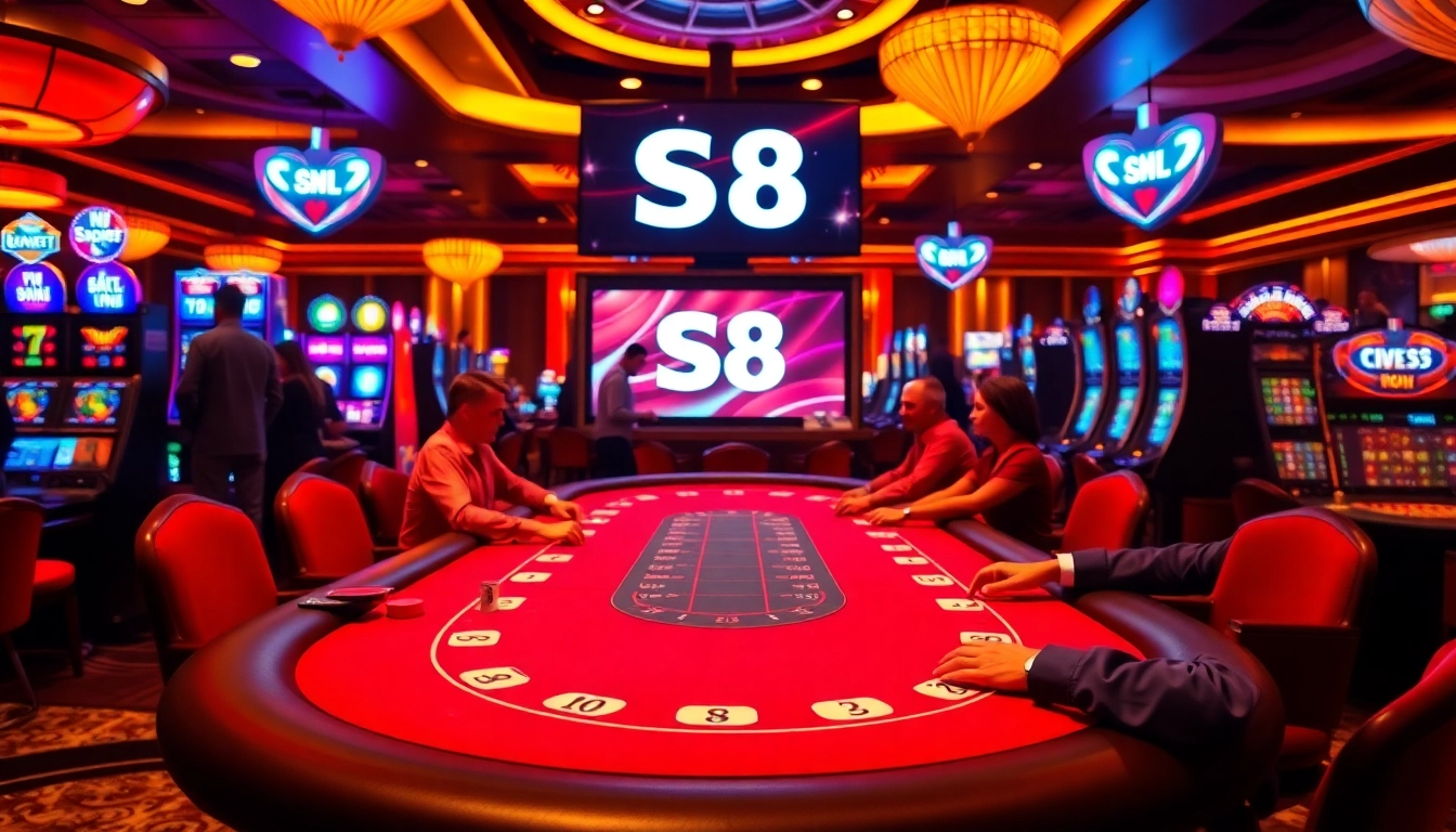 S8 gamblers placing bets at a vibrant poker table in an upscale casino setting.