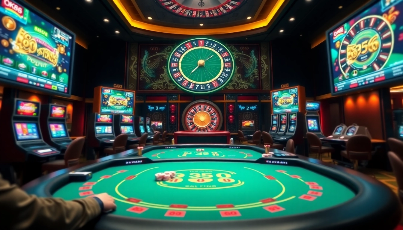 Experience the thrill of gaming at OK88, featuring vibrant poker tables and exciting gambling action.