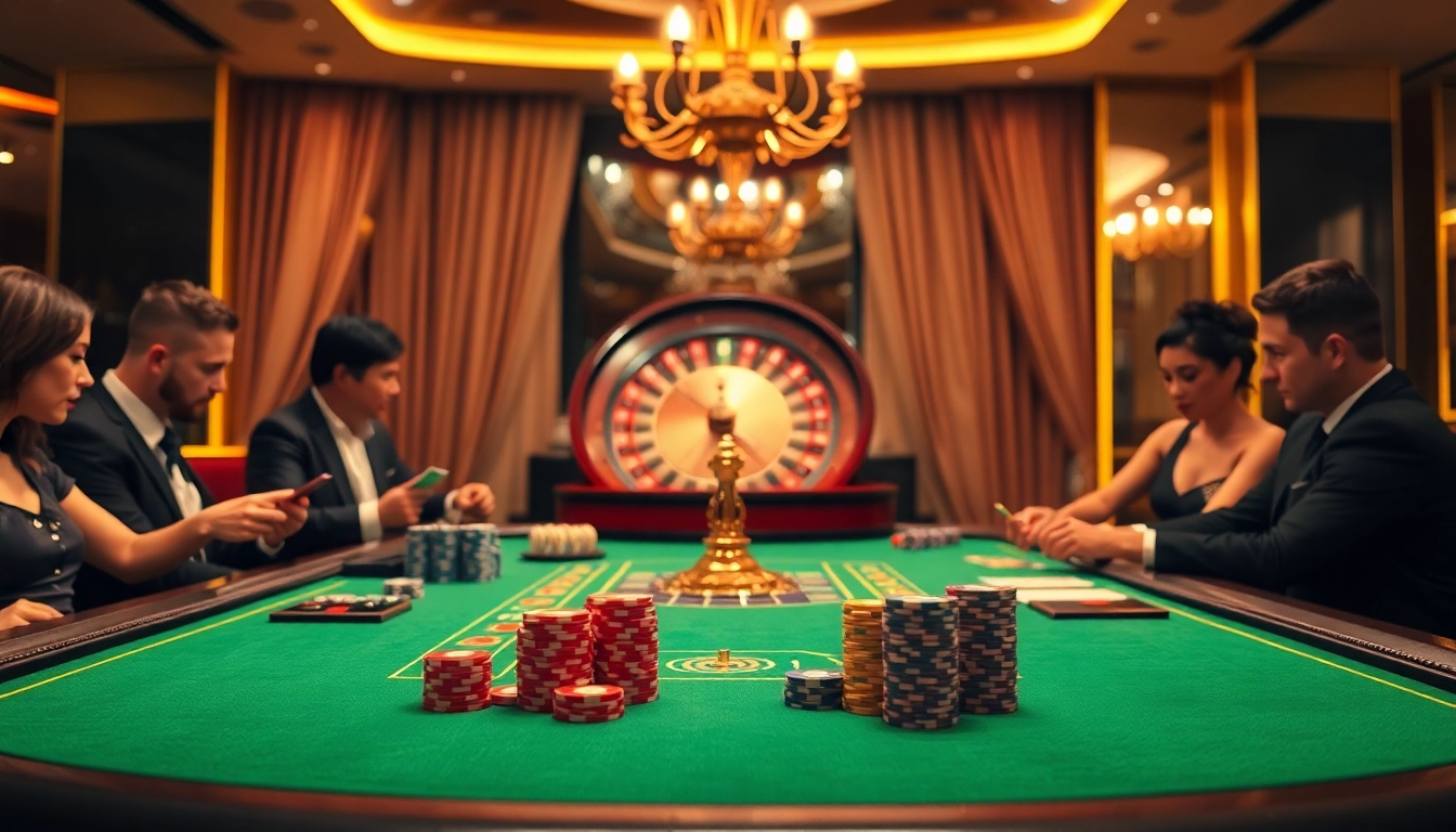 Engaging players at a vibrant casino table featuring cards, chips, and the essence of gambling with https://hanoiculturetravel.com/ showcased in the backdrop.