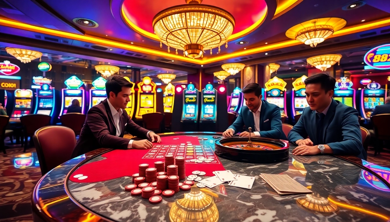 Players winning at a vibrant poker table, showcasing mm88.com in a vibrant casino environment.