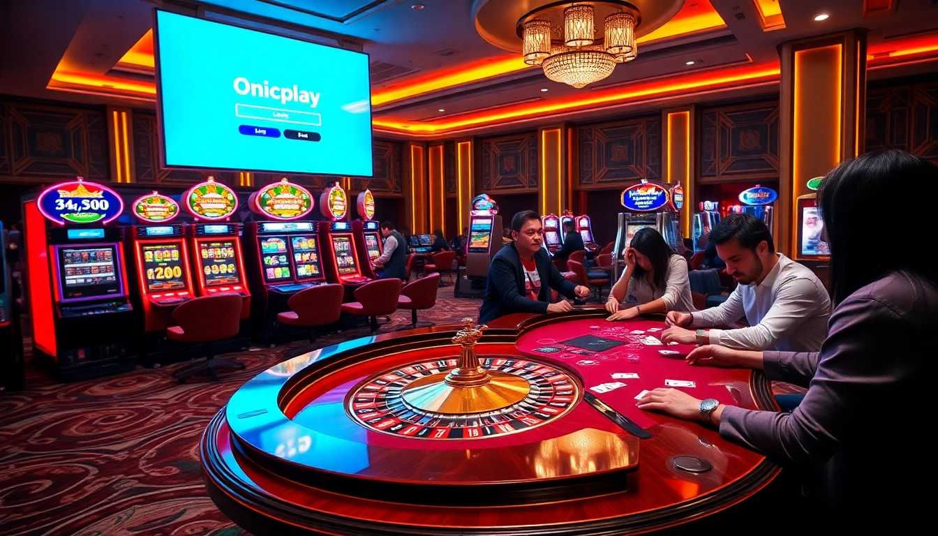 Engaging gamblers at an Onicplay login table, vibrant casino excitement with roulette and slot machines.