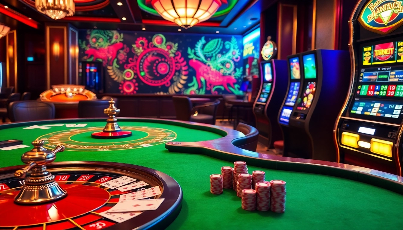 Experience thrilling action at mm88k.media with vibrant gaming tables and roulette wheels for an upscale casino ambiance.