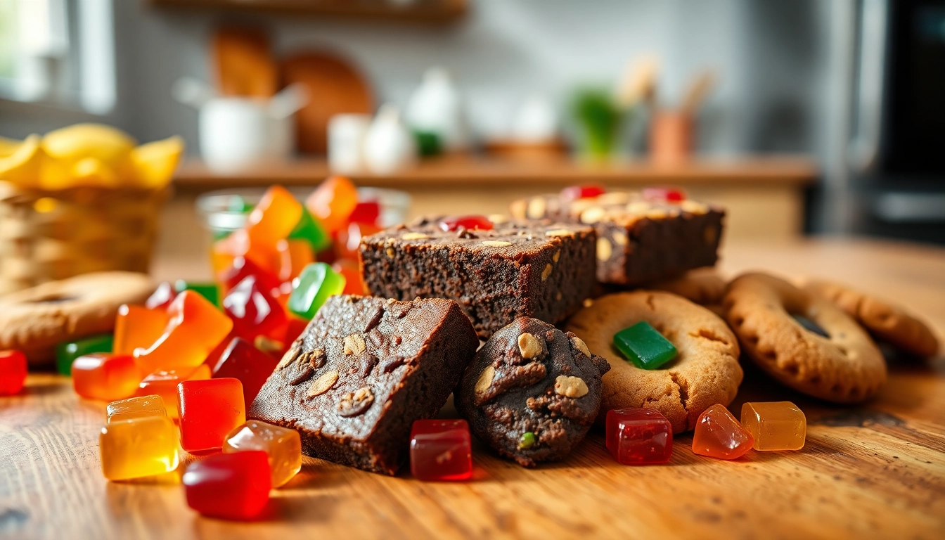 Indulge in colorful THC edibles UK displayed artfully on a textured table.