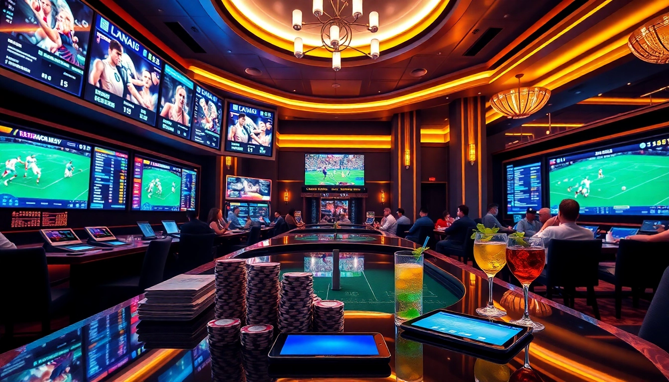 Bet on แทงบอลโลก at a vibrant online sportsbook with dynamic football match displays and elegant casino elements.