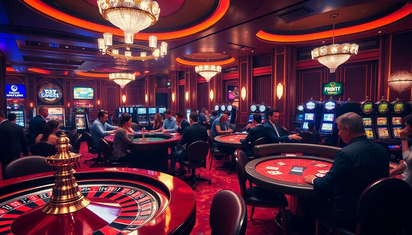 Excited players engage in high-stakes games at a top club casino, showcasing roulette and poker.
