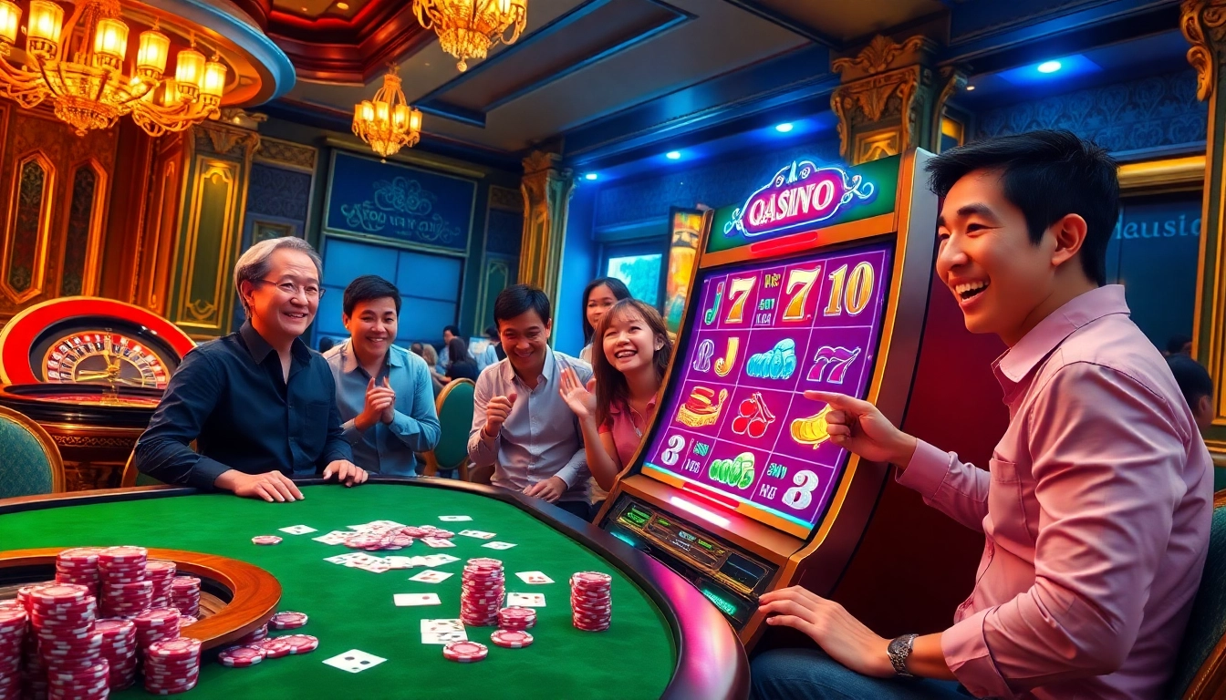 Play quay hũ slot machines in a lively casino scene with joyful players and vibrant decor.