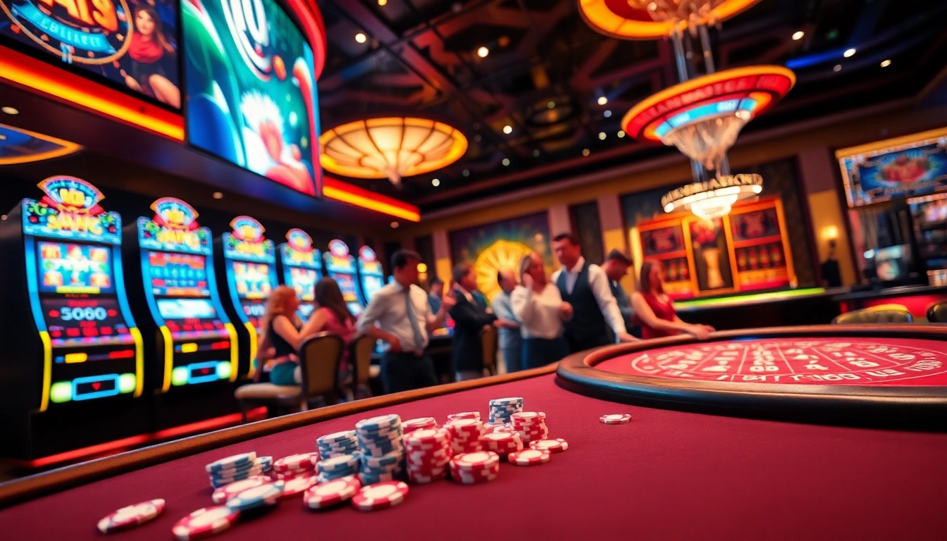 Players enjoying a thrilling gaming experience at Vua99 Casino, with vibrant slot machines and lively atmosphere.