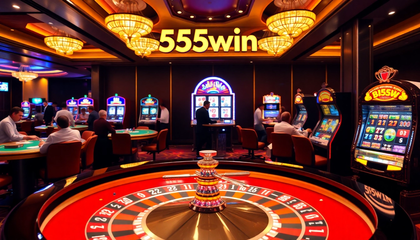 Experience the thrill of 555win at a luxurious casino game setting with roulette and poker.