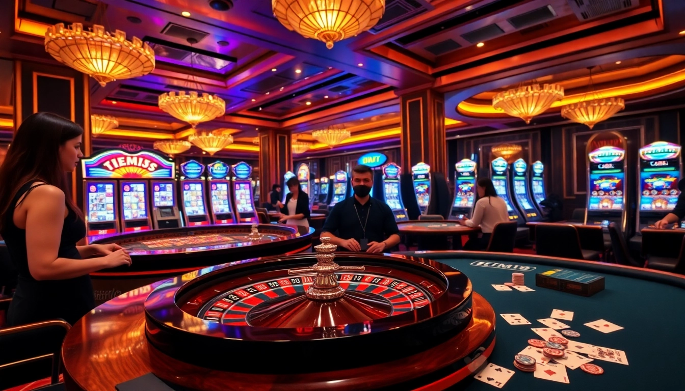 Playing exciting casino games at nhà cái vua99, featuring roulette, poker, and vibrant slot machines.