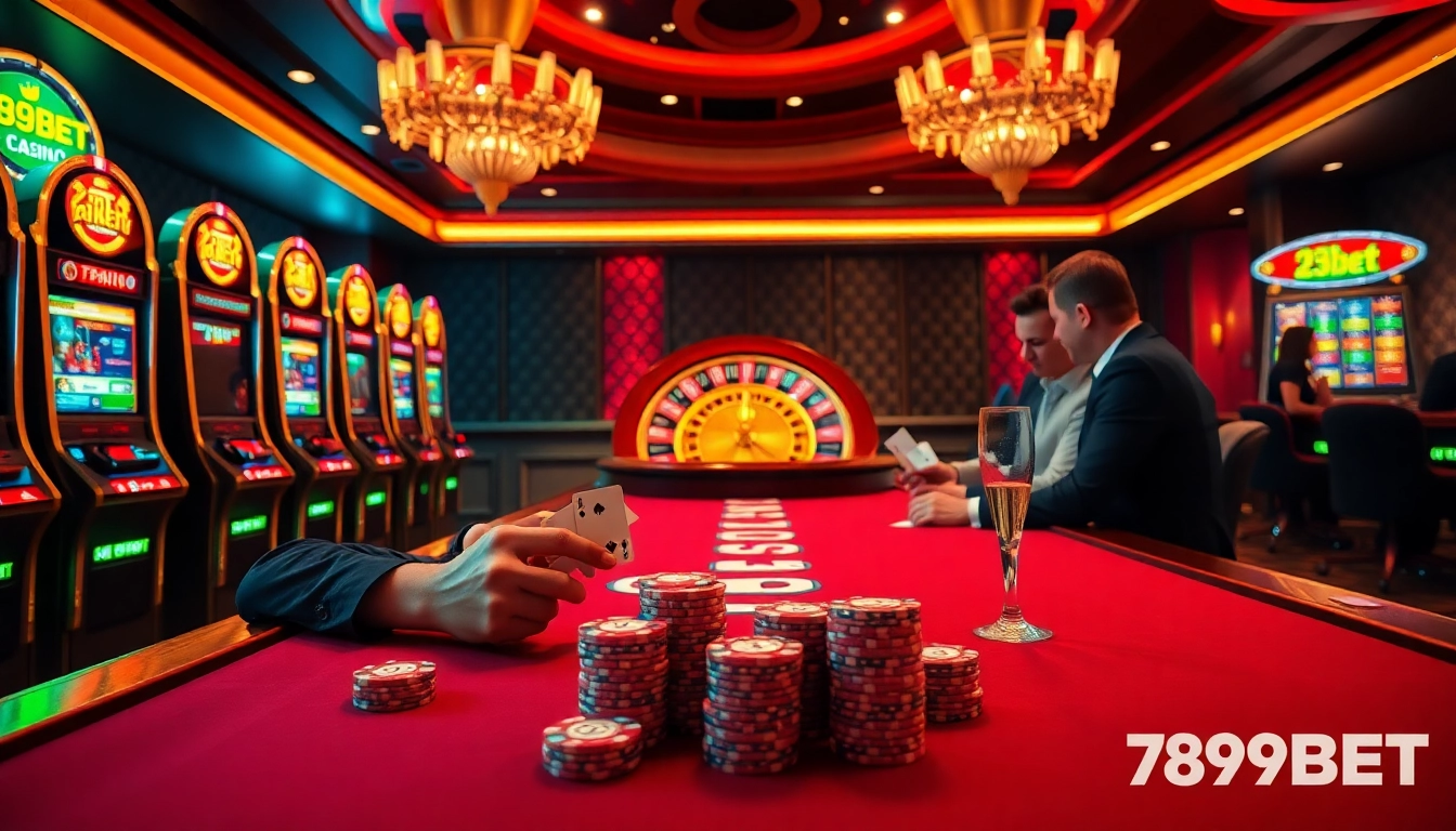 Exciting poker game at 789BET casino with vibrant slot machines and roulette wheel.