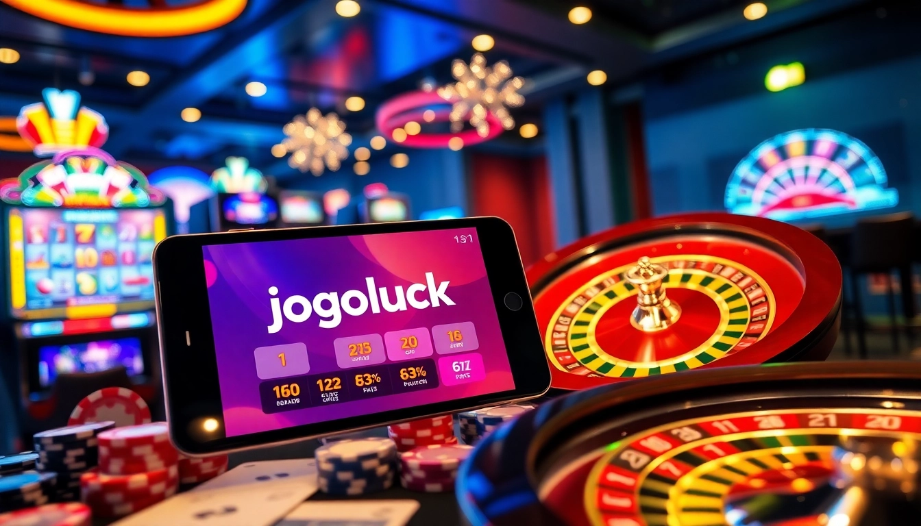 Jogoluck casino experience showcasing excitement with vibrant slot machines and poker elements.