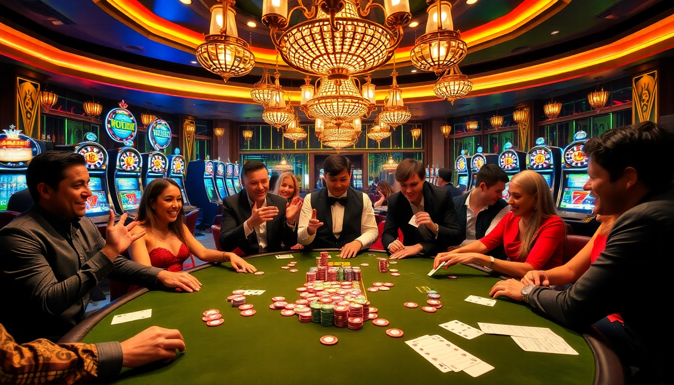 Players enjoying the k9k9 game at a vibrant casino table filled with colorful chips and cards.