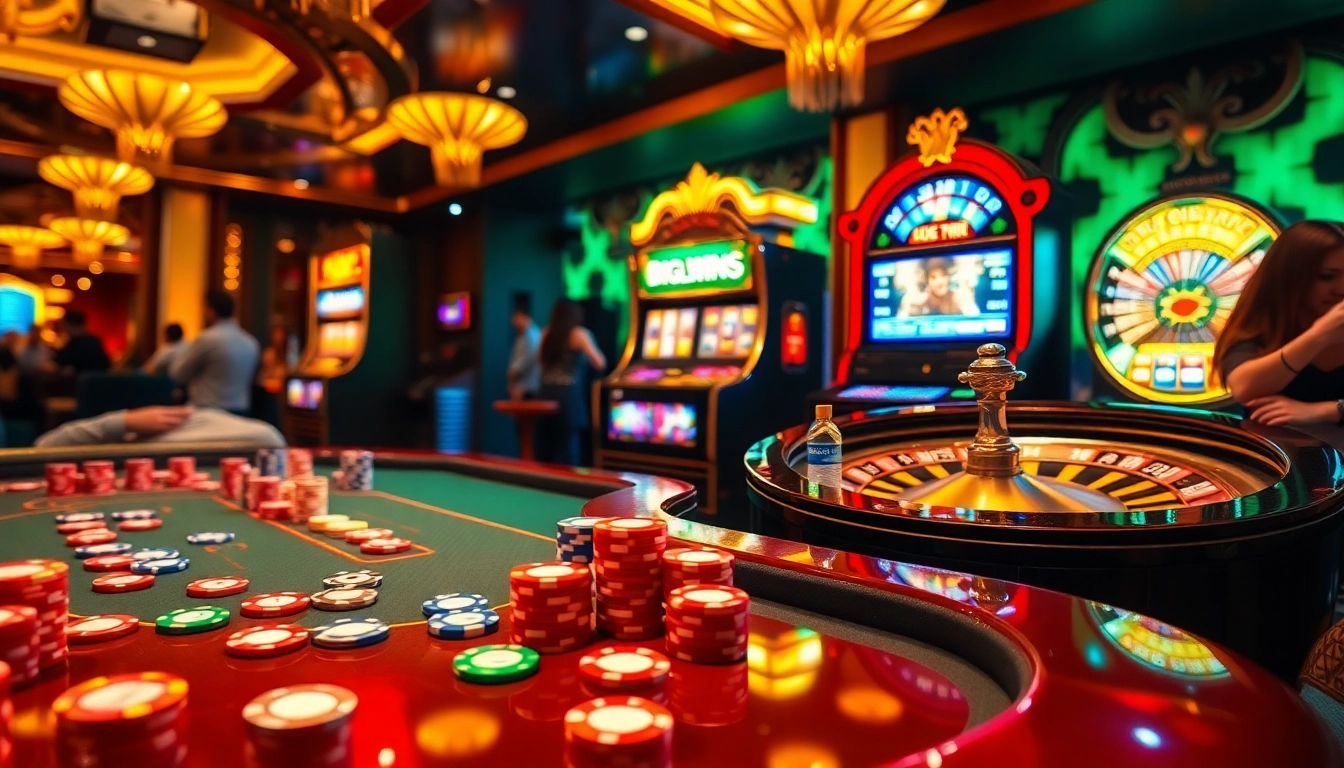 K9K9 game action at a vibrant casino with poker chips, a slot machine, and a roulette wheel.