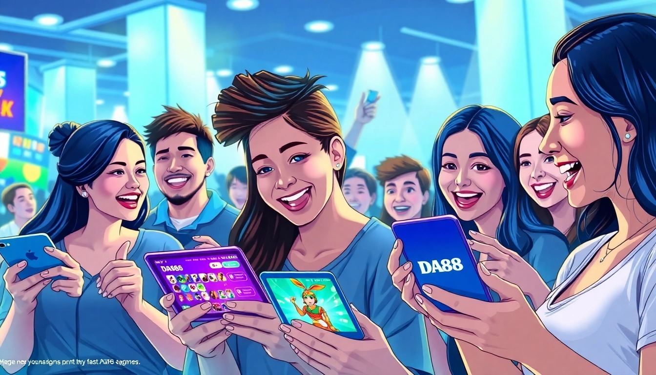 Exciting online gaming scene with DA88 app, vibrant players enjoying diverse games.