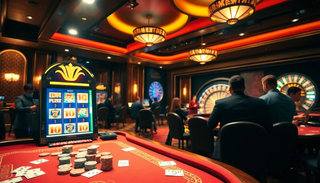 Experience idn slot excitement at a vibrant casino table filled with chips and cards.