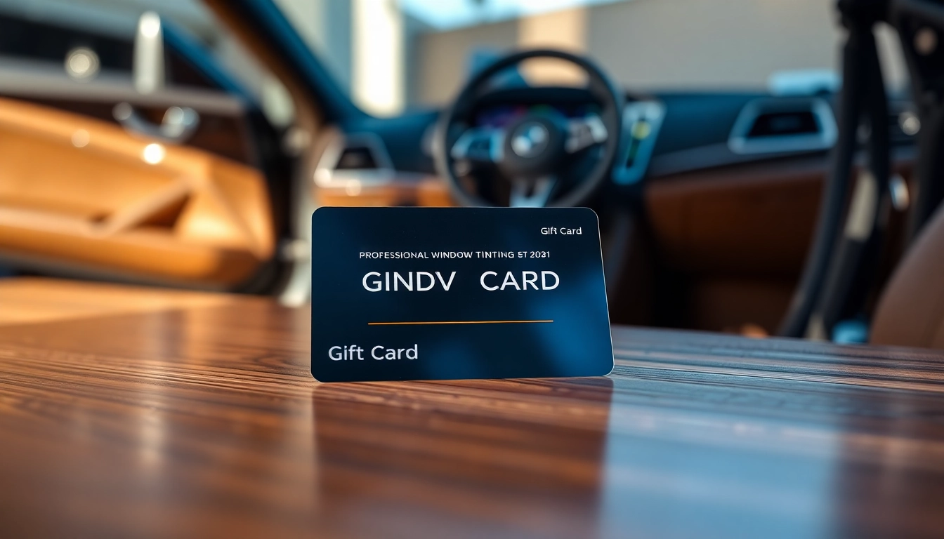 Purchase a window tint gift card showcasing its sleek design on a polished table.