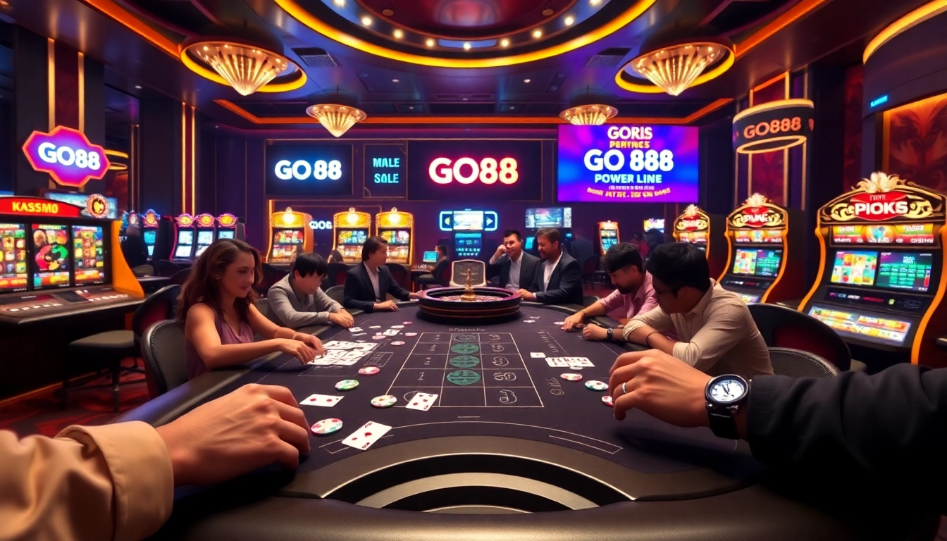 Players enjoying a thrilling game at GO88 casino, showcasing poker excitement and vibrant slot machines.