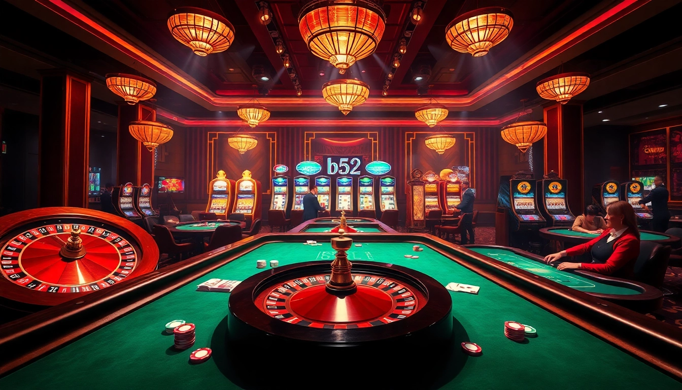Betting excitement at b52club with poker tables and slot machines in a luxurious casino setting.