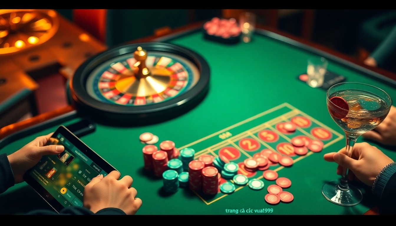 Exciting table action at trang cá cược vua99 featuring poker chips and a roulette wheel.