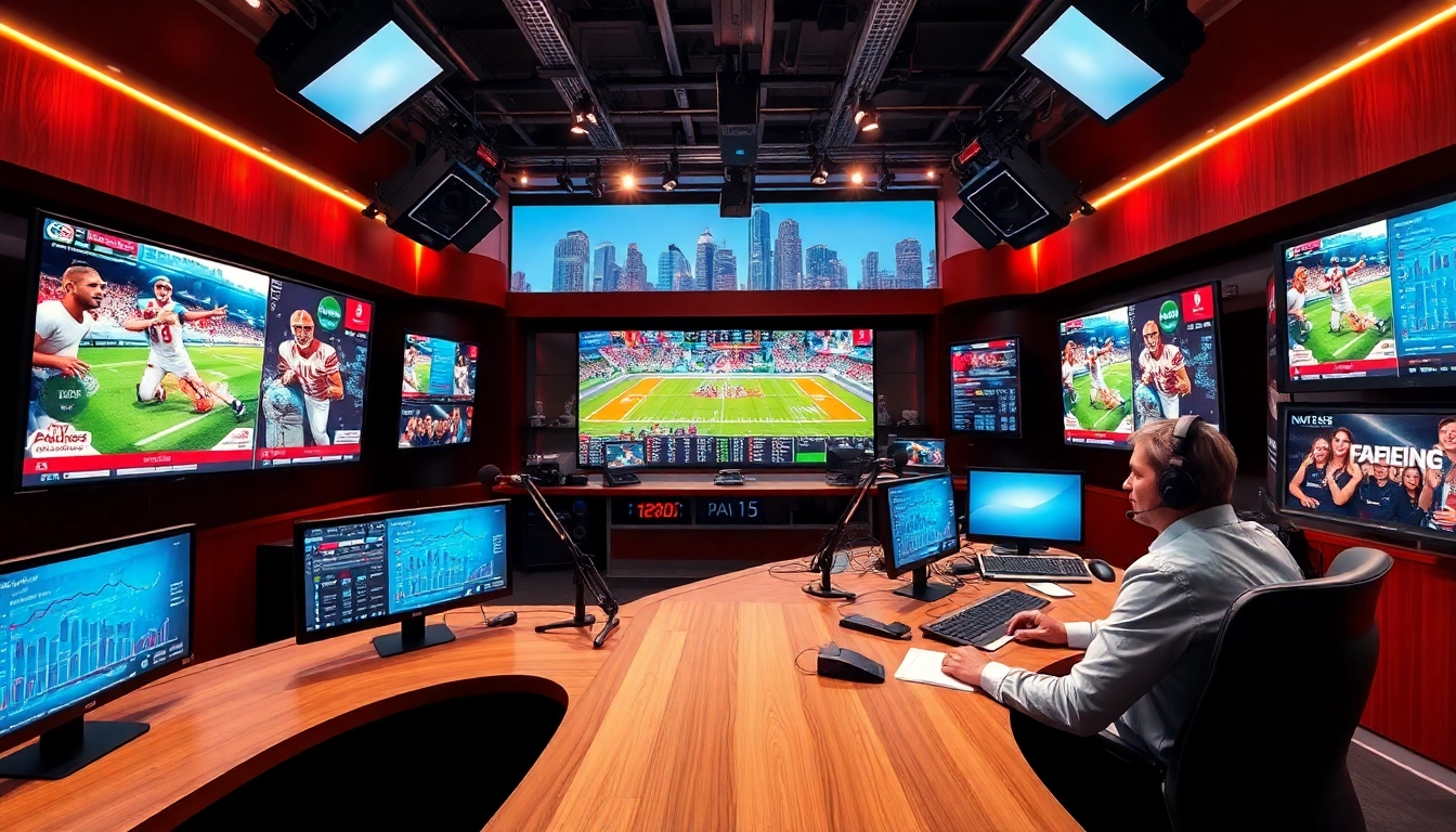 Dynamic sports broadcasting studio showcasing live sports events and announcer.