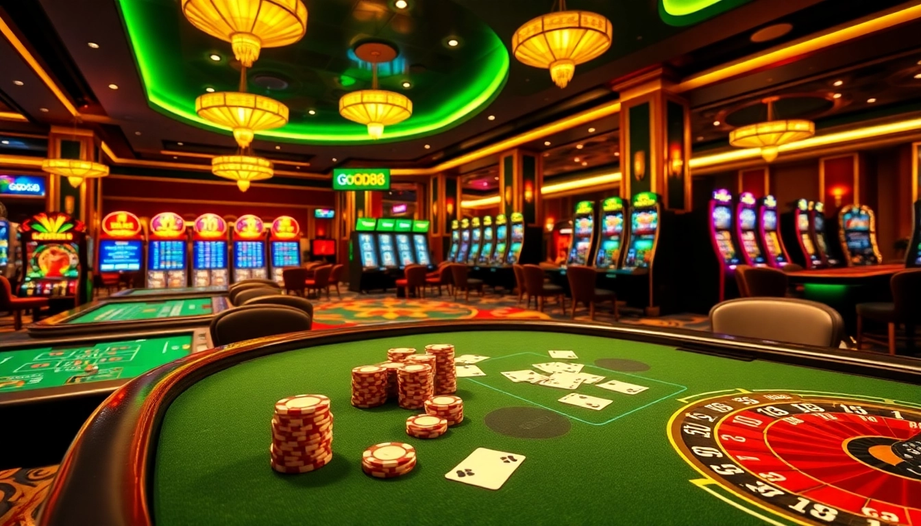 Exciting gameplay at GOOD88 casino showcasing vibrant poker tables and slot machines.