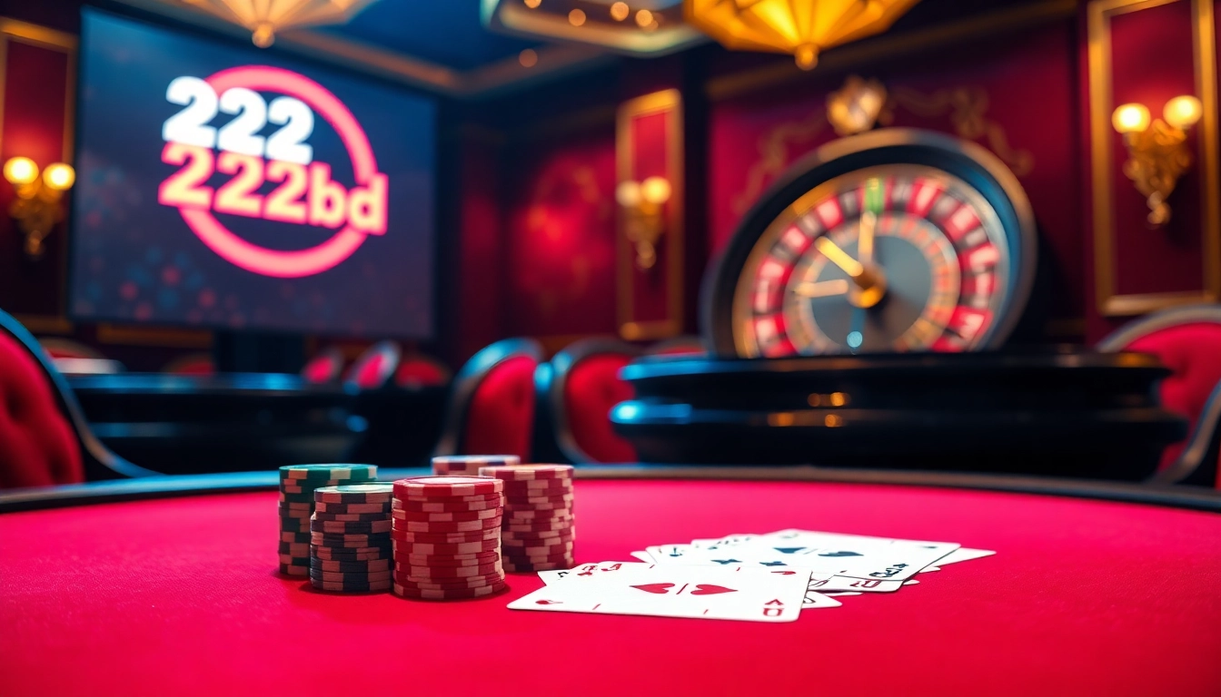 Experience thrilling gambling at 222bd with vibrant poker chips and neon casino elements.