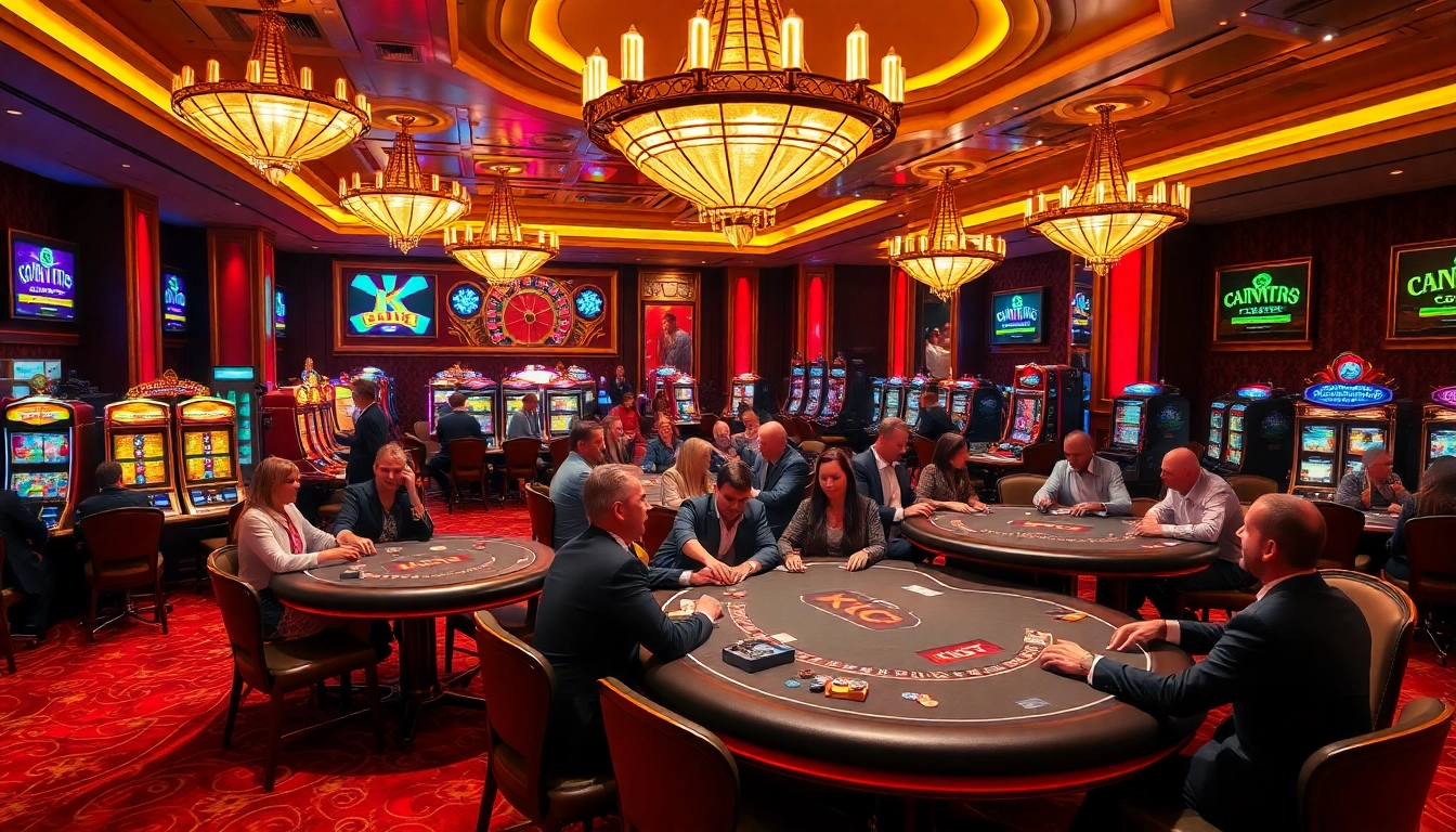 KJC players celebrating wins at a glamorous casino table surrounded by poker chips and machines.