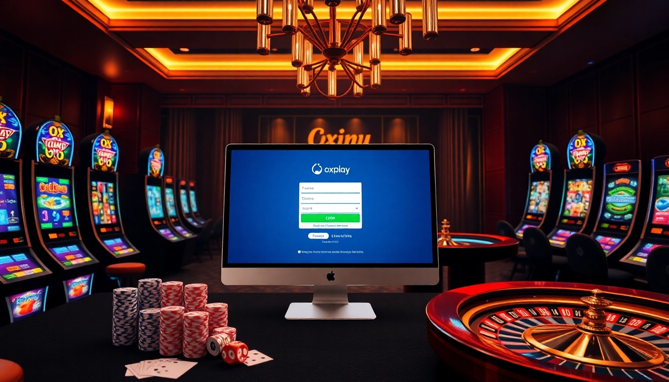 Engage with the immersive Oxplay login experience amidst vibrant casino visuals, slot machines, and poker chips.
