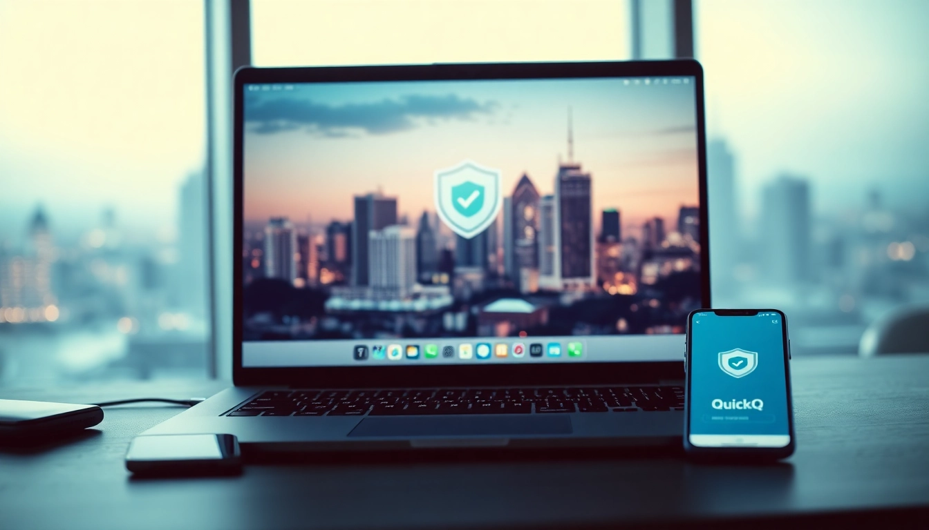 现代工作空间中笔记本屏幕上的 QuickQ 下载，展示 VPN 功能。