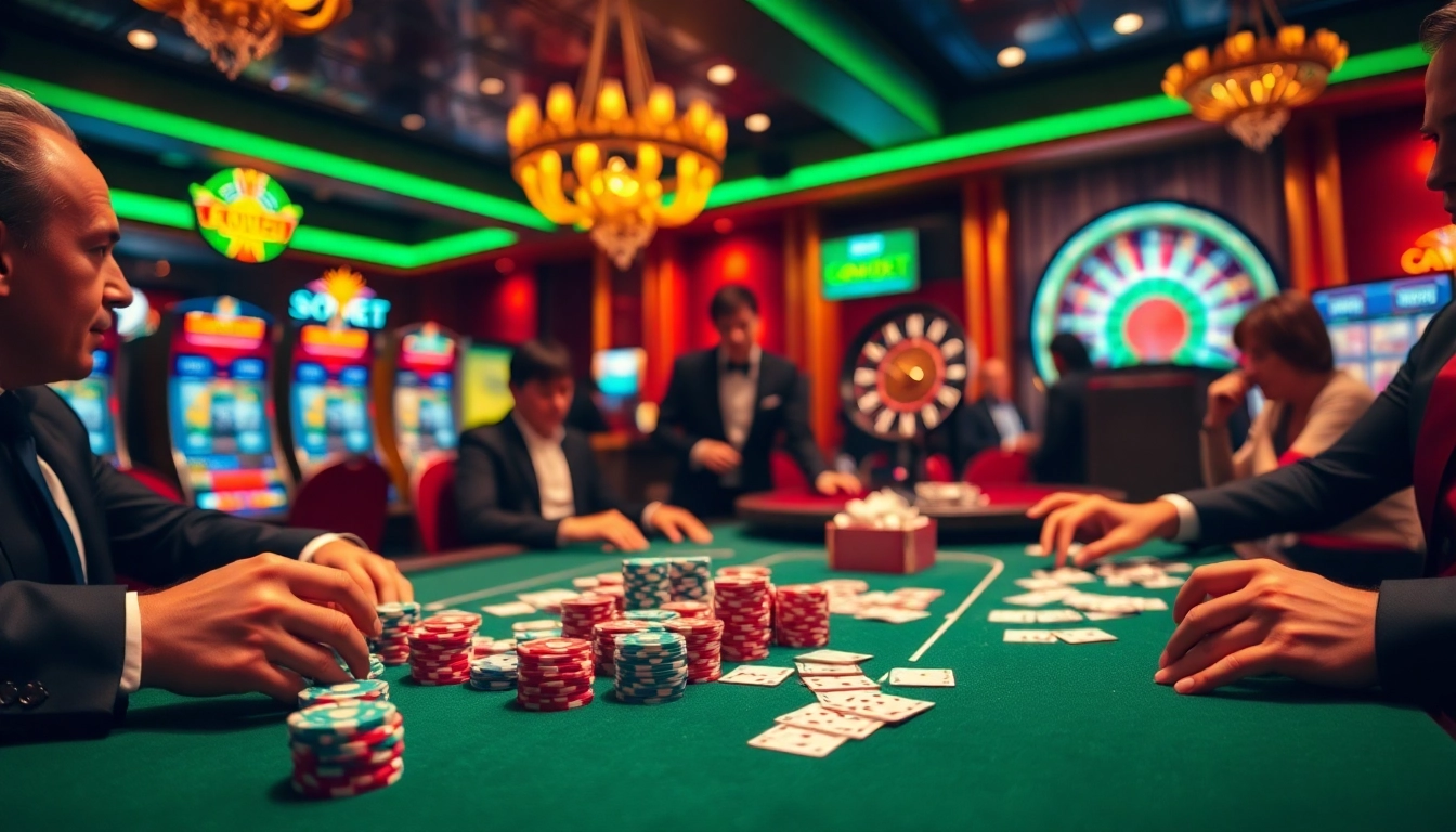 Action at a poker table with vibrant chips and link alternatif sbobet interface highlighted for online betting