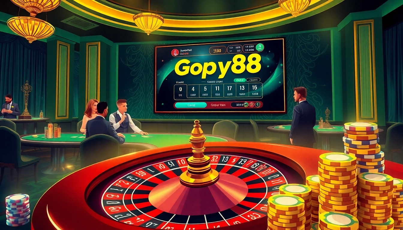 Gopay88 online gambling excitement amidst stacked chips and a roulette wheel in a luxurious casino.
