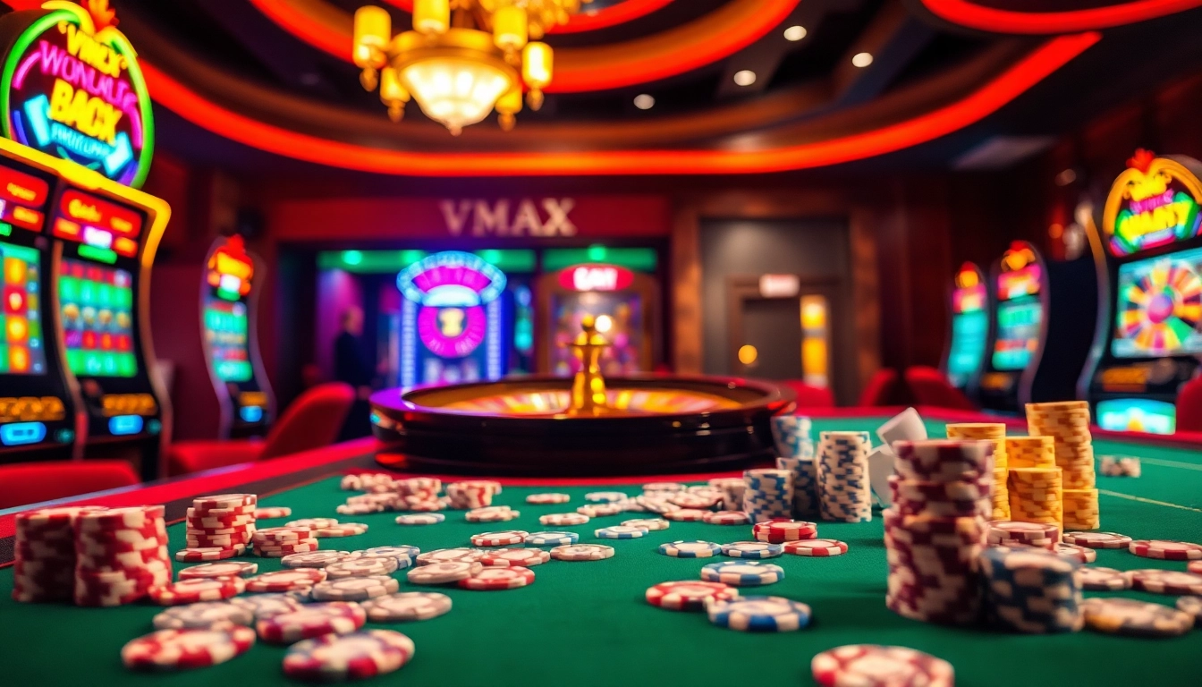 Engaging casino scene showcasing a vibrant gaming table with VMAX poker chips and cards.