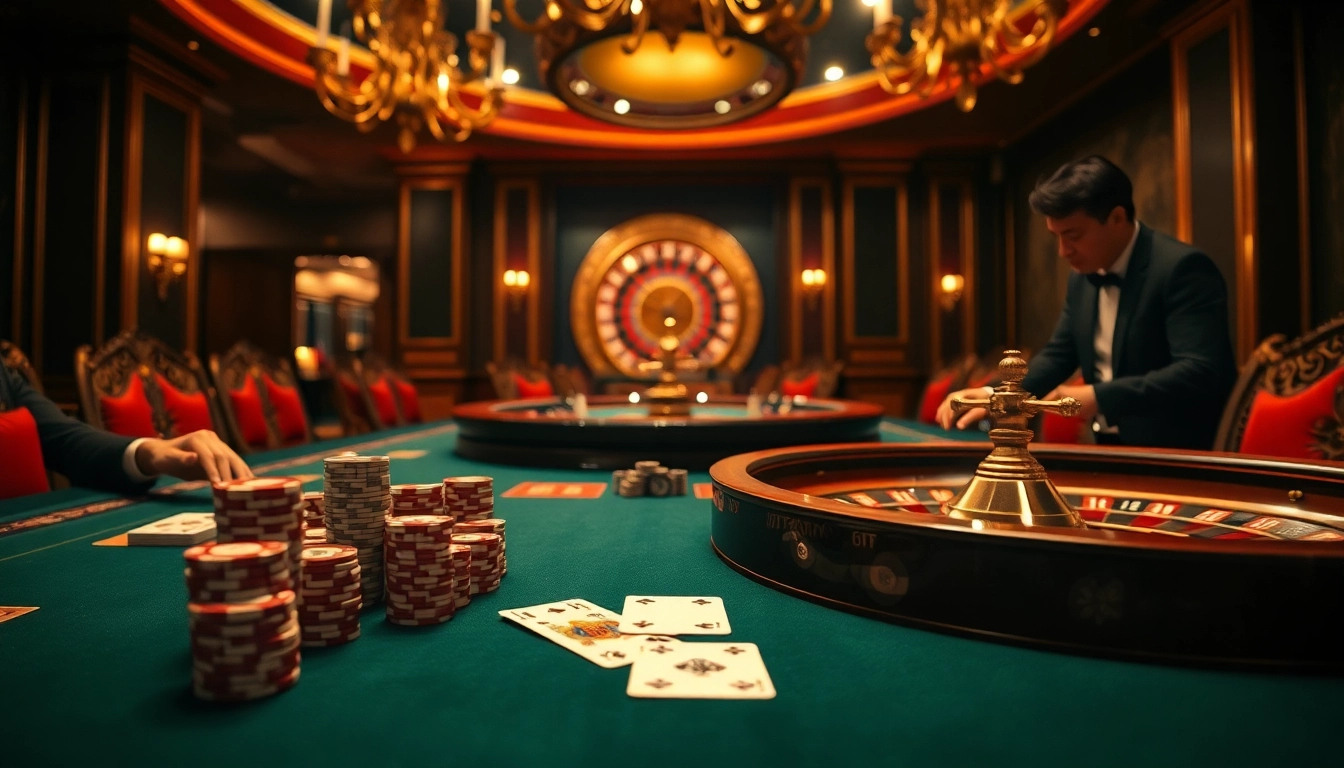 Experience thrilling gambling action with luongsontv in a luxurious casino setting featuring elegant poker and roulette tables.