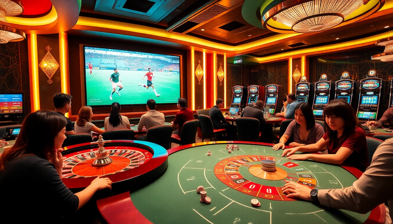 A lively socolive booth in a casino, showcasing fans engaging in soccer betting strategies with vibrant lighting.