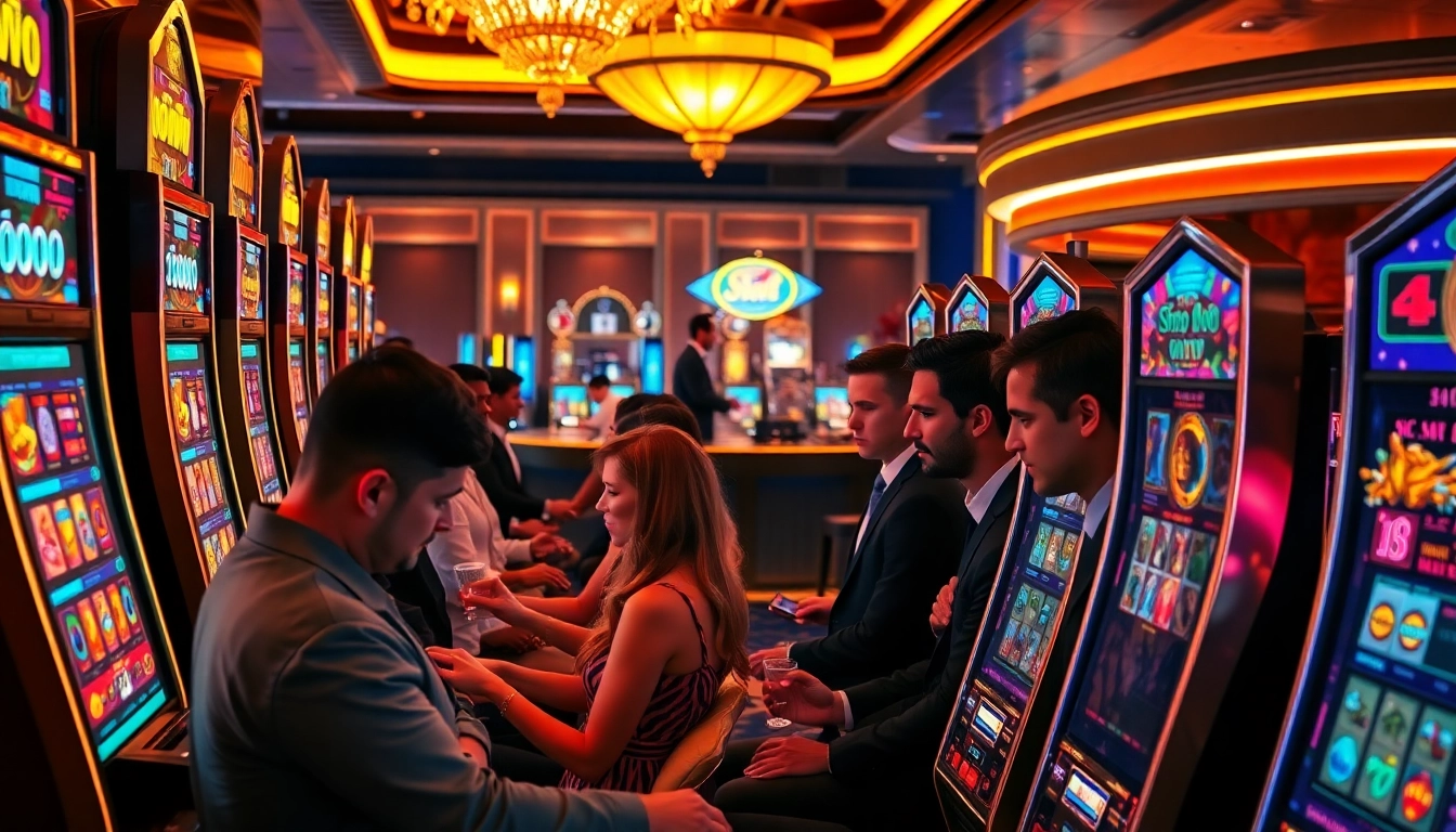 Excited players engaging with a slot depo 1000 machine in a vibrant casino atmosphere.