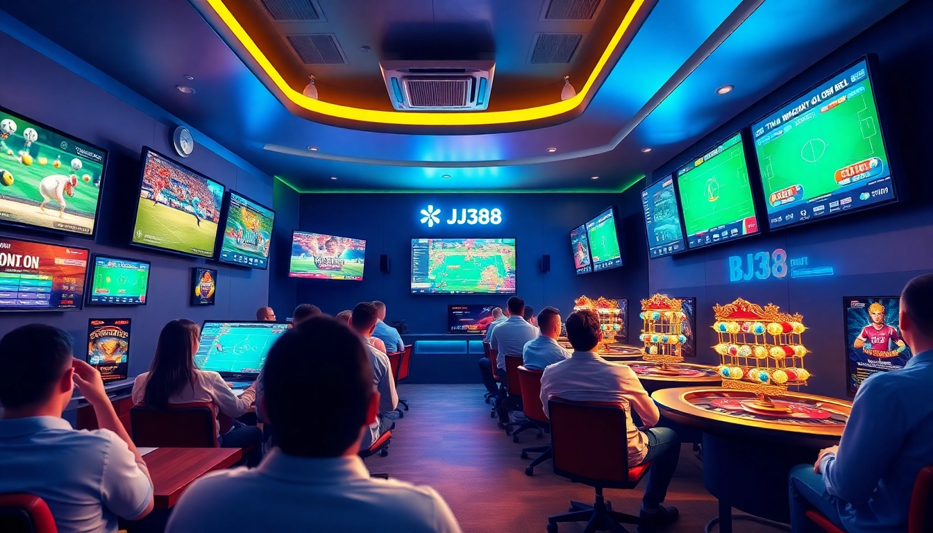 BJ38 offers an exciting online gaming experience with vibrant visuals of cockfighting and football betting games.